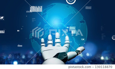 Futuristic Robot Hand Reaching Out Towards a Digital Globe with Data Visualization and Statistics in a High-Tech Environment xenic 130118870