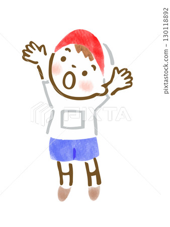 Hand-drawn illustration of a boy in gym clothes stretching Hand-drawn illustration of a boy in gym clothes stretching 130118892