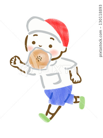 手繪插畫:運動會吃麵包比賽中,一個男孩嘴裡含著麵包奔跑 手繪插畫:運動會吃麵包比賽中,一個男孩嘴裡含著麵包奔跑 130118893