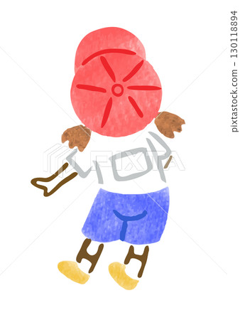 手繪插圖:一個身穿運動服、戴著紅白帽子的女孩背後 手繪插圖:一個身穿運動服、戴著紅白帽子的女孩背後 130118894