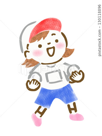 Hand-drawn illustration of a girl holding a ball for a sports day 130118896