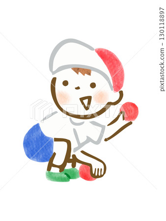 手繪插畫：運動會上撿球的男孩 130118897