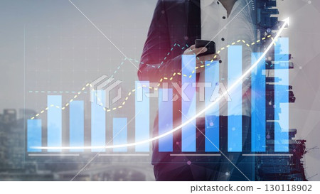 Business Professional Using Smartphone with Growth Chart Background Illustrating Financial Success and Market Analysis in Urban Environment Copula 130118902
