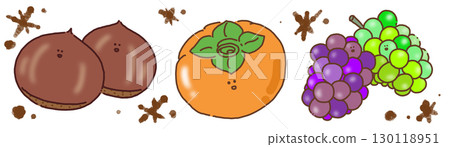 栗子、柿子和葡萄的秋季風味的可愛手繪線性插圖 栗子、柿子和葡萄的秋季風味的可愛手繪線性插圖 130118951