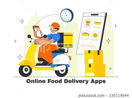 Food Delivery Service Illustration Featuring Online Food Ordering through a Mobile App and Fast Delivery to Your Preferred Location in a Background 130119044