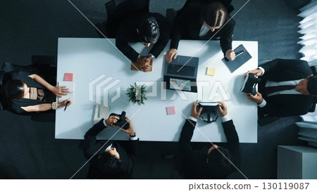 Top view of professional businessman give vr headset to investor. Directorate. 130119087