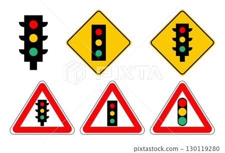 Traffic light icons and warning signs featuring traffic lights. Traffic Light Warning Signs. 130119280