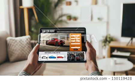 car rental website on computer screen for tourist to rent a car for brisk 130119428