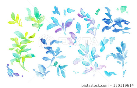 水彩畫。水彩畫風格的新鮮綠葉矢量插圖。夏季漸層色背景。 130119614