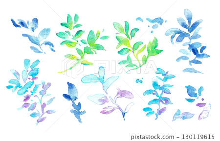 水彩畫。水彩畫風格的新鮮綠葉矢量插圖。夏季漸層色背景。 130119615