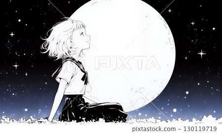 A young woman watching the moon (simple colors) 130119719