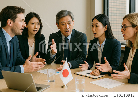 Multinational men and women discussing 130119912