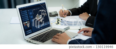 Electric car design software on computer screen show simulation blueprint brisk 130119946