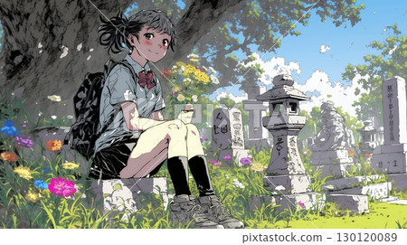 A young woman visiting a grave 130120089