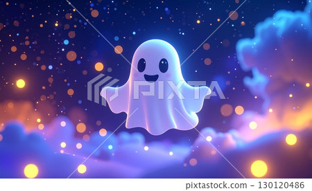 A 3D cute ghost floating in outer space. 130120486