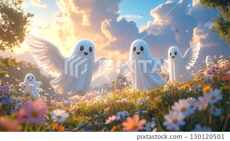 A 3D cute ghost with translucent wings floating in a cloud field with flowers, pastel sky background. A 3D cute ghost with translucent wings floating in a cloud field with flowers, pastel sky background. 130120501