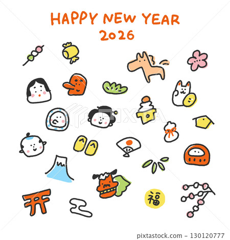 可愛的手繪日式新年賀卡,上面有馬和 2026 年新年的正方形,適用於 SNS 和 Instagram 可愛的手繪日式新年賀卡,上面有馬和 2026 年新年的正方形,適用於 SNS 和 Instagram 130120777