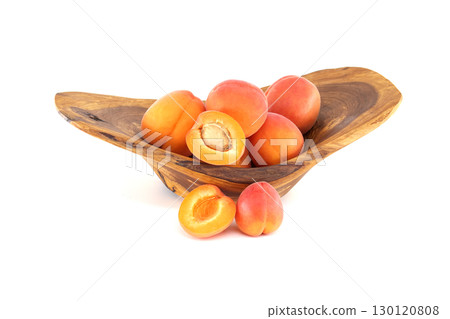 Fresh Ripe Apricots in Wooden Bowl Isolated on White Background 130120808
