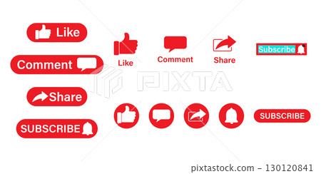 Social Media Interaction Buttons for Engaging Content. Like, Share and Subscribe Buttons. Social Media Interaction Buttons for Engaging Content. Like, Share and Subscribe Buttons. 130120841