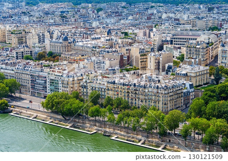Scenic Aerial View of Paris Cityscape Along the Seine River on a Bright Sunny Day. France 130121509