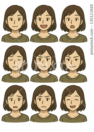 女性各種臉部表情的插圖集[透明背景] 130121688
