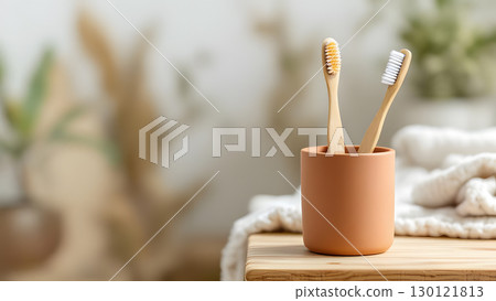 Wooden toothbrush placed in a cup Bathroom image background wallpaper material 130121813