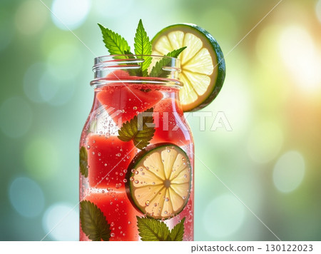 Refreshing Watermelon Lime Infused Drink in Glass Jar Still Life 130122023