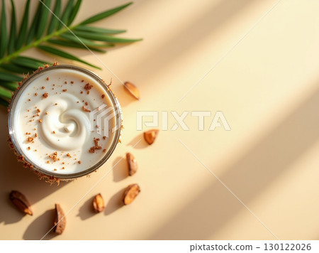 Natural Light Smoothie Bowl with Seeds and Palm Leaf Still Life 130122026