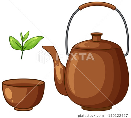 Traditional Japanese Teapot with Teacup and Green Tea Leaf Traditional Japanese Teapot with Teacup and Green Tea Leaf 130122337