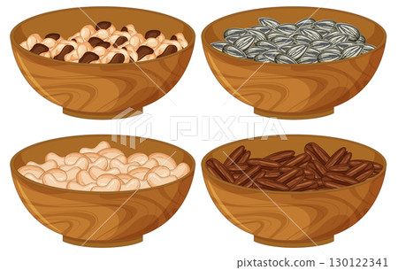 Assorted Nuts and Seeds in Wooden Bowls Illustration 130122341