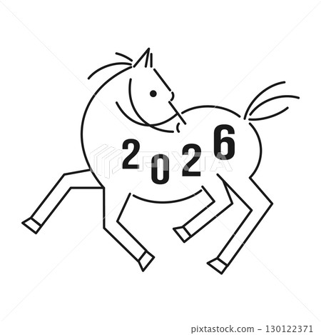 2026 年馬年新年賀卡，簡單的線條畫著一匹奔跑的馬，上面寫著年份 130122371