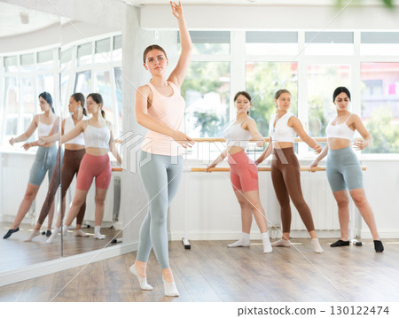 Young girl demonstrating ballet positions during choreography classes Young girl demonstrating ballet positions during choreography classes 130122474