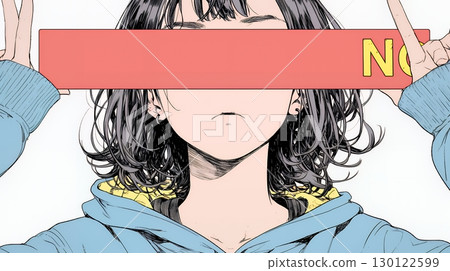 A woman giving the red card sign of "No" 130122599