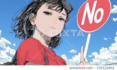 A woman giving the red card sign of "No" 130122602