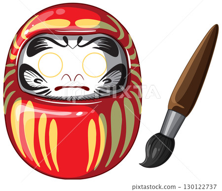 Daruma Doll and Calligraphy Brush Vector Illustration 130122737