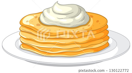 Stack of Russian Pancakes with Sour Cream on Plate 130122772