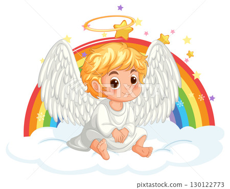 Cute Blonde Angel Child Sitting on Cloud with Rainbow Cute Blonde Angel Child Sitting on Cloud with Rainbow 130122773