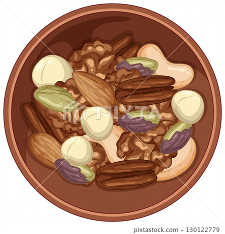 Assorted Mixed Nuts in Wooden Bowl Vector Illustration Assorted Mixed Nuts in Wooden Bowl Vector Illustration 130122779