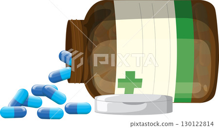 Spilled Medicine Bottle With Blue Capsules 130122814