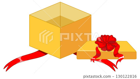 Open Yellow Gift Box with Red Ribbon and Lid 130122816
