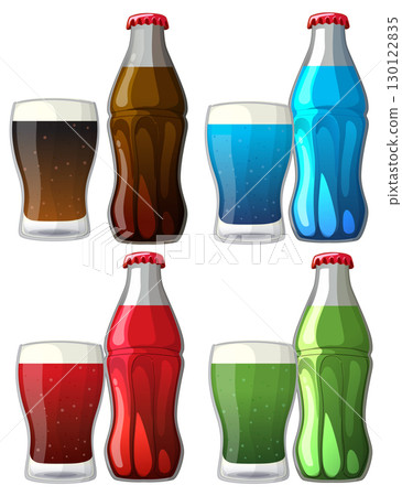Colorful Soda Bottles and Glasses Vector Illustration Colorful Soda Bottles and Glasses Vector Illustration 130122835