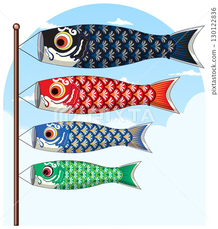 Traditional Japanese Koinobori Carp Streamers Flying on Flagpole Traditional Japanese Koinobori Carp Streamers Flying on Flagpole 130122836