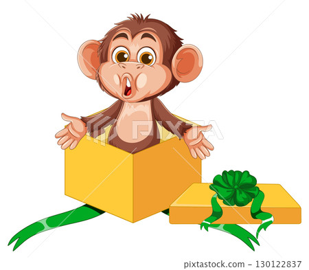 Surprised Cartoon Monkey Popping Out of Gift Box Surprised Cartoon Monkey Popping Out of Gift Box 130122837
