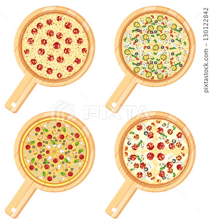 Assorted Pizzas on Wooden Serving Boards Top View Assorted Pizzas on Wooden Serving Boards Top View 130122842
