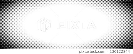 Black radial halftone vignette effect background. Round fading dotted gradient wallpaper. Pop art comic frame backdrop for photo template, poster template, banner. Vector vanishing border cadre 130122844