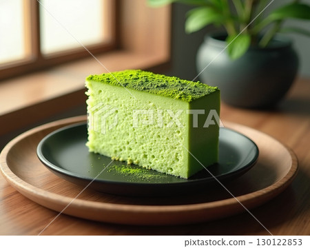 Fresh Looking Matcha Japanese Cotton Cheesecake Dessert Food on Wooden Plate 130122853