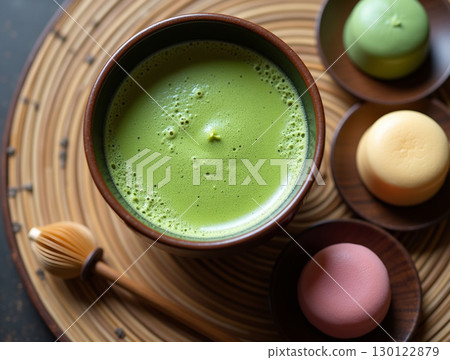 Top View Stylish Matcha Tea Bowl with Mochi Cakes Food Still Life 130122879
