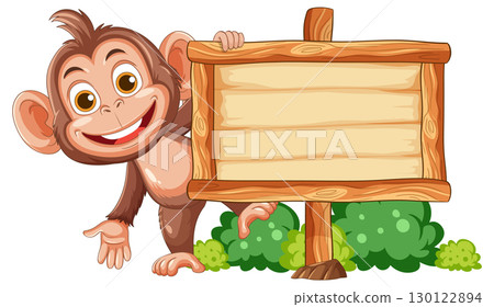 Smiling Cartoon Monkey Holding Wooden Blank Sign Smiling Cartoon Monkey Holding Wooden Blank Sign 130122894