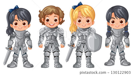 Four Cartoon Children in Shining Medieval Knight Armor 130122903