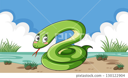 Cartoon Green Snake by Riverbank on Sunny Day 130122904